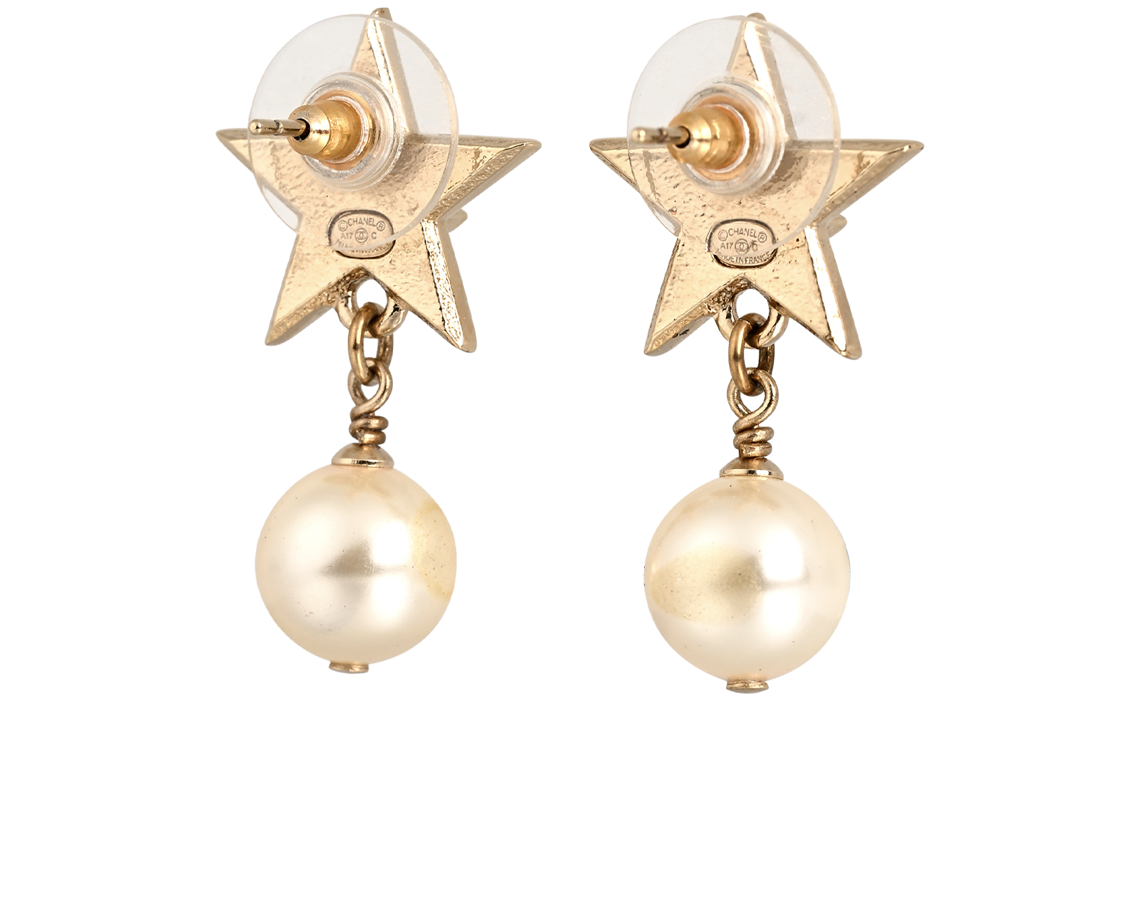 Chanel A17C CC Star Earrings, &pound;420, Jewellery, Gold/Pearl, Brass, Back view