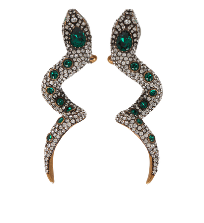 Gucci Snake Clip-On Earrings, &pound;495, Jewellery, Green/Silver, Brass/Crystal, Front view