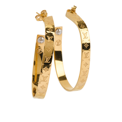 Louis Vuitton Nanogram Hoop Earrings, &pound;260, Jewellery, Gold, Brass, Front view