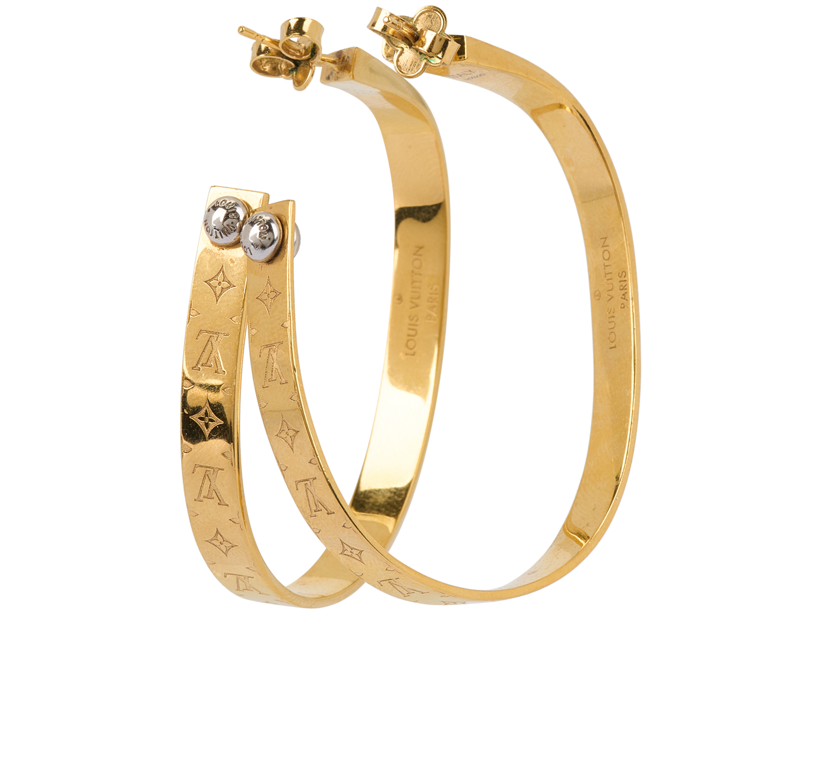 Louis Vuitton Nanogram Hoop Earrings, &pound;260, Jewellery, Gold, Brass, Back view