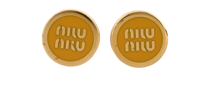 Miu Miu Logo Studs, &pound;150, Jewellery, Gold/Yellow, Brass, Front view