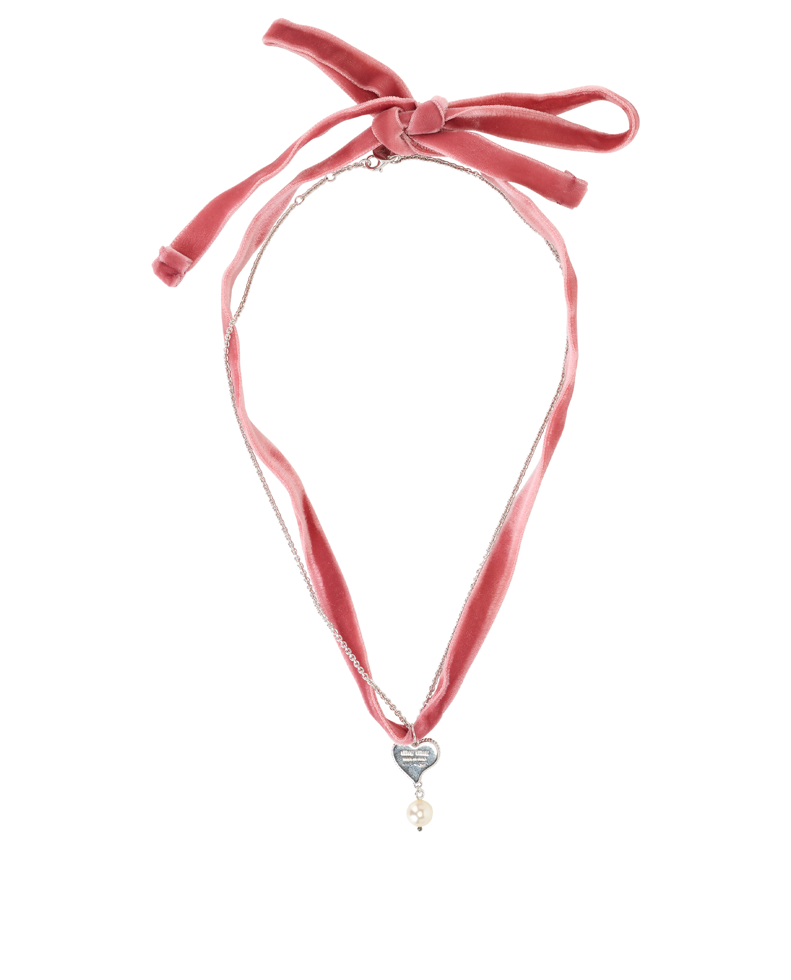 Miu Miu Heart Ribbon Choker, &pound;220, Jewellery, Pink, Fabric/Sterling Silver, Back view