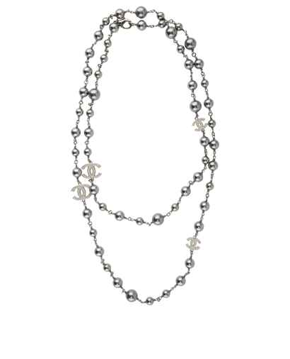 Chanel B19V CC Crystal Necklace, &pound;950, Jewellery, Grey/Silver, Brass/Faux Pearl, Front view