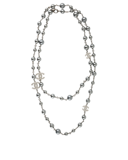 Chanel B19V CC Crystal Necklace, Faux Pearl/Brass, Grey/Silver, B, 3*