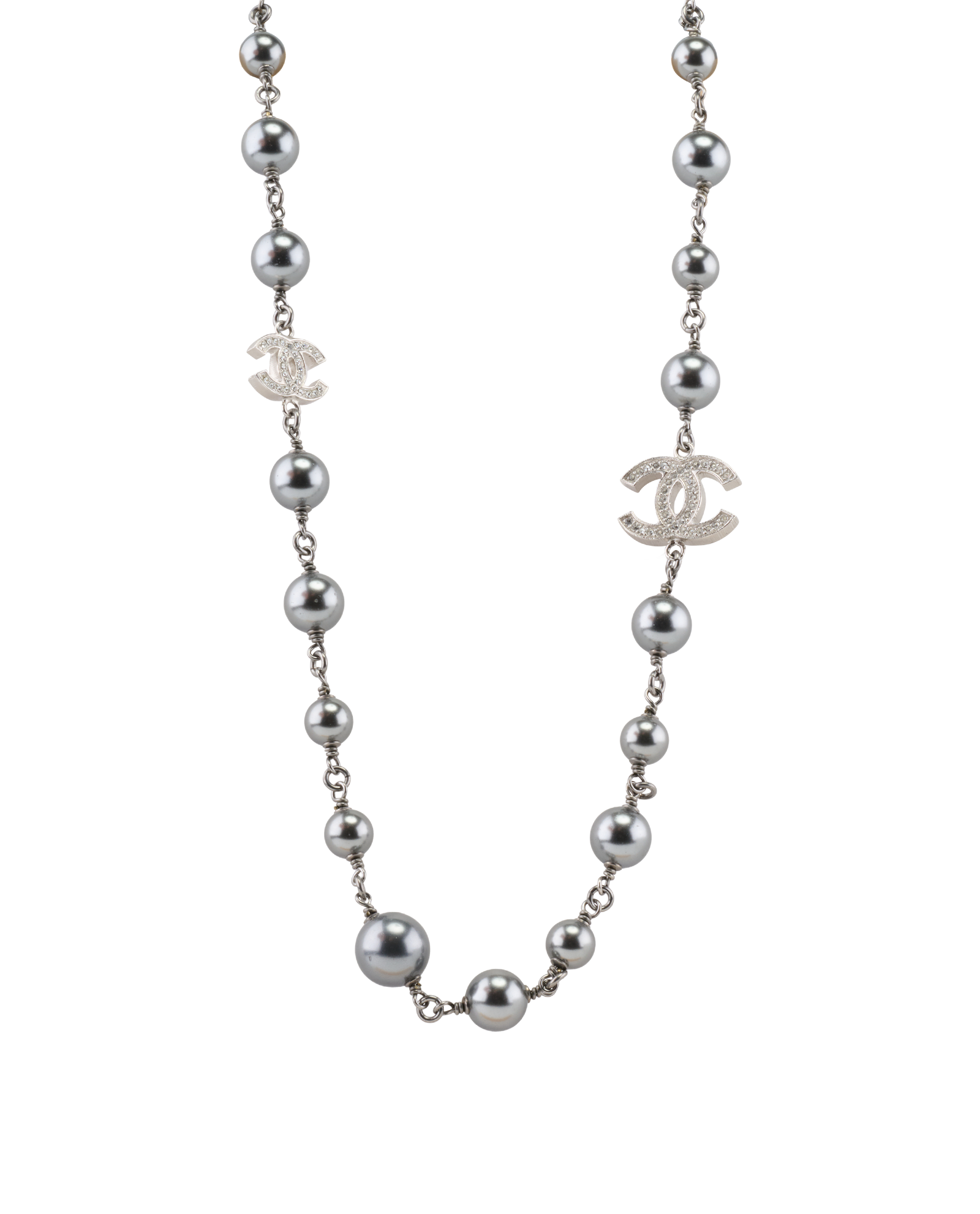 Chanel B19V CC Crystal Necklace, &pound;950, Jewellery, Grey/Silver, Brass/Faux Pearl, Other view