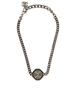 Chanel B22C Embellished CC Hexagon Pendant Choker,Brass,Grey/Silver, B, 3*