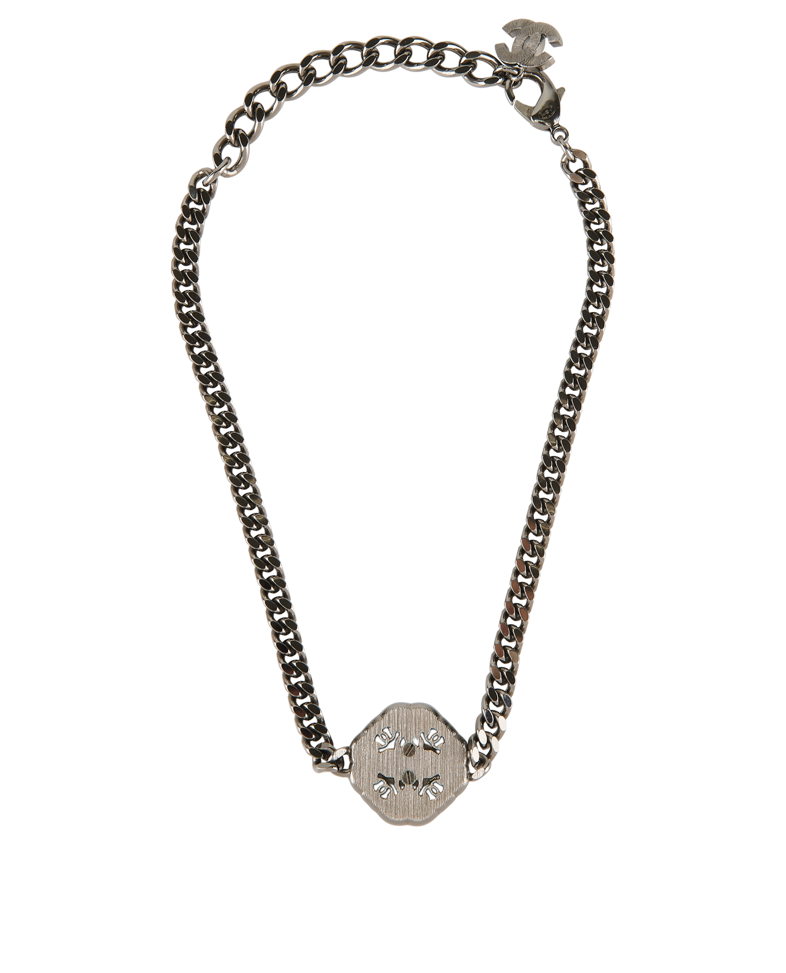 Chanel B22C Embellished CC Hexagon Pendant Choker, &pound;650, Jewellery, Grey/Silver, Brass, Back view