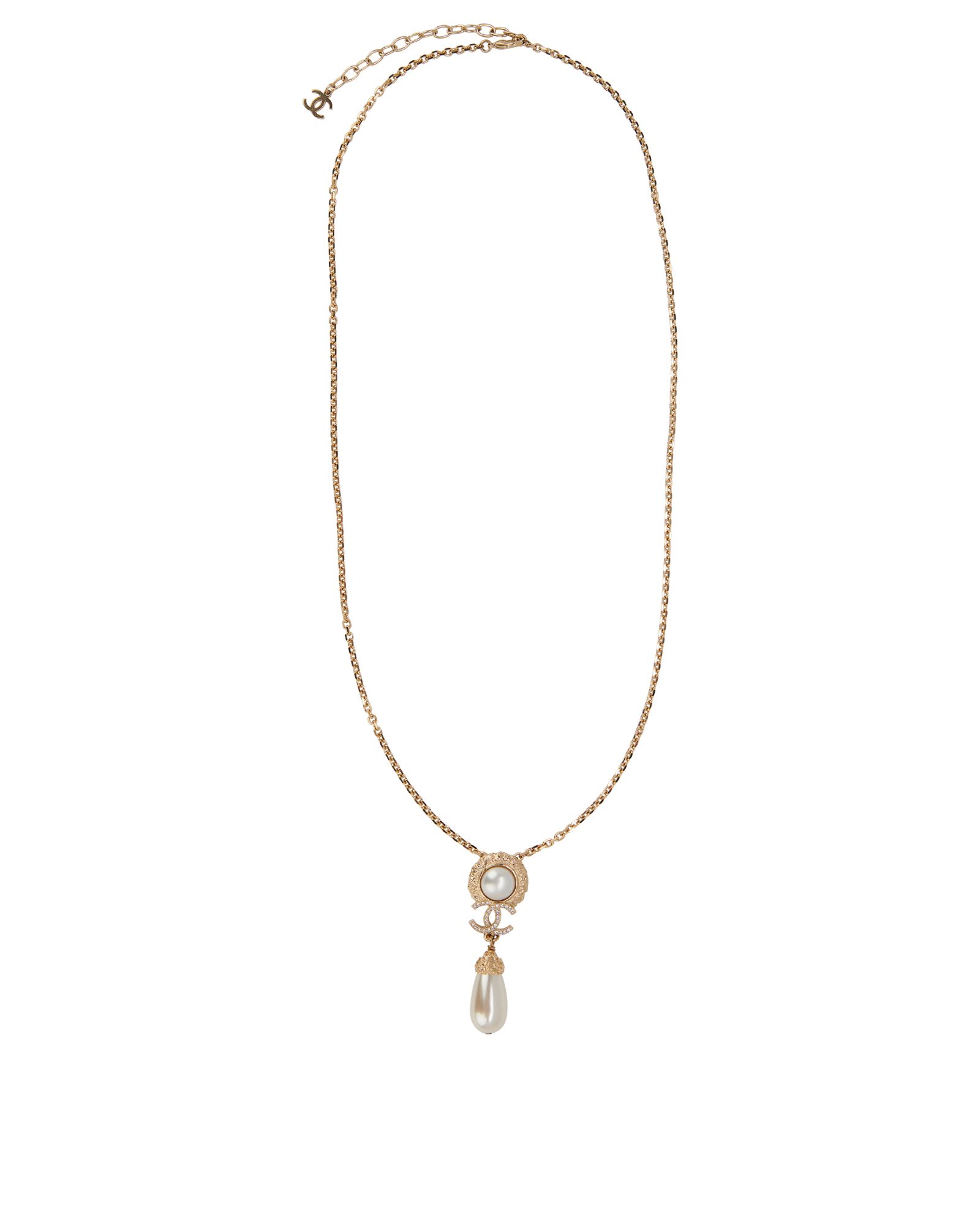 CHANEL Crystal CC Pearl Drop Necklace Light Gold 