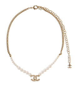 Chanel A22 CC Pearl Choker Necklace, Brass, Gold, 3*