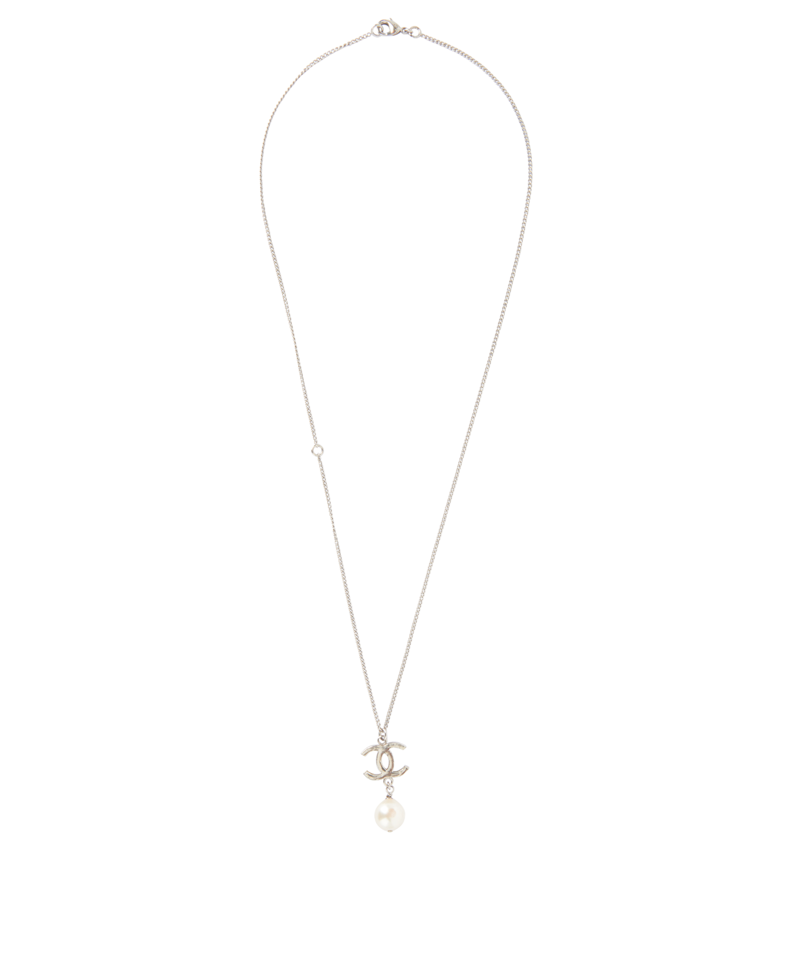 Chanel B13K CC Clover Pearl Drop Necklace, &pound;595, Jewellery, Silver, Brass, Back view