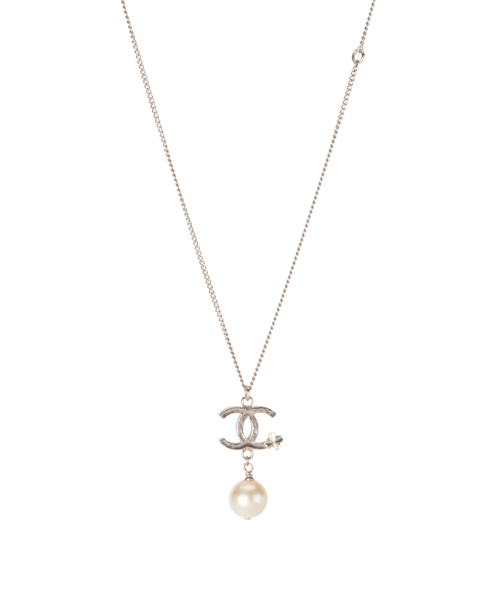 Chanel B13K CC Clover Pearl Drop Necklace, &pound;595, Jewellery, Silver, Brass, Other view