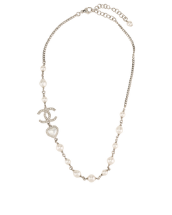 Chanel B23B CC & Heart Necklace, Brass/Faux Pearl, Silver, B, 2*