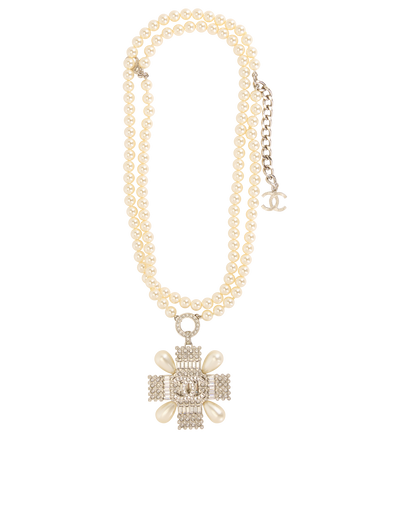 Chanel Cross Double Necklace, &pound;1,100, Jewellery, Cream, Faux Pearl, Front view