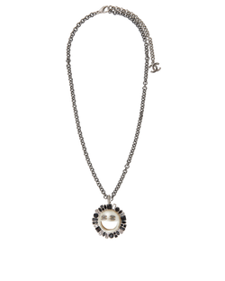 Chanel B16K CC Logo Crystals Necklace, Brass, Silver, DB/B 3*