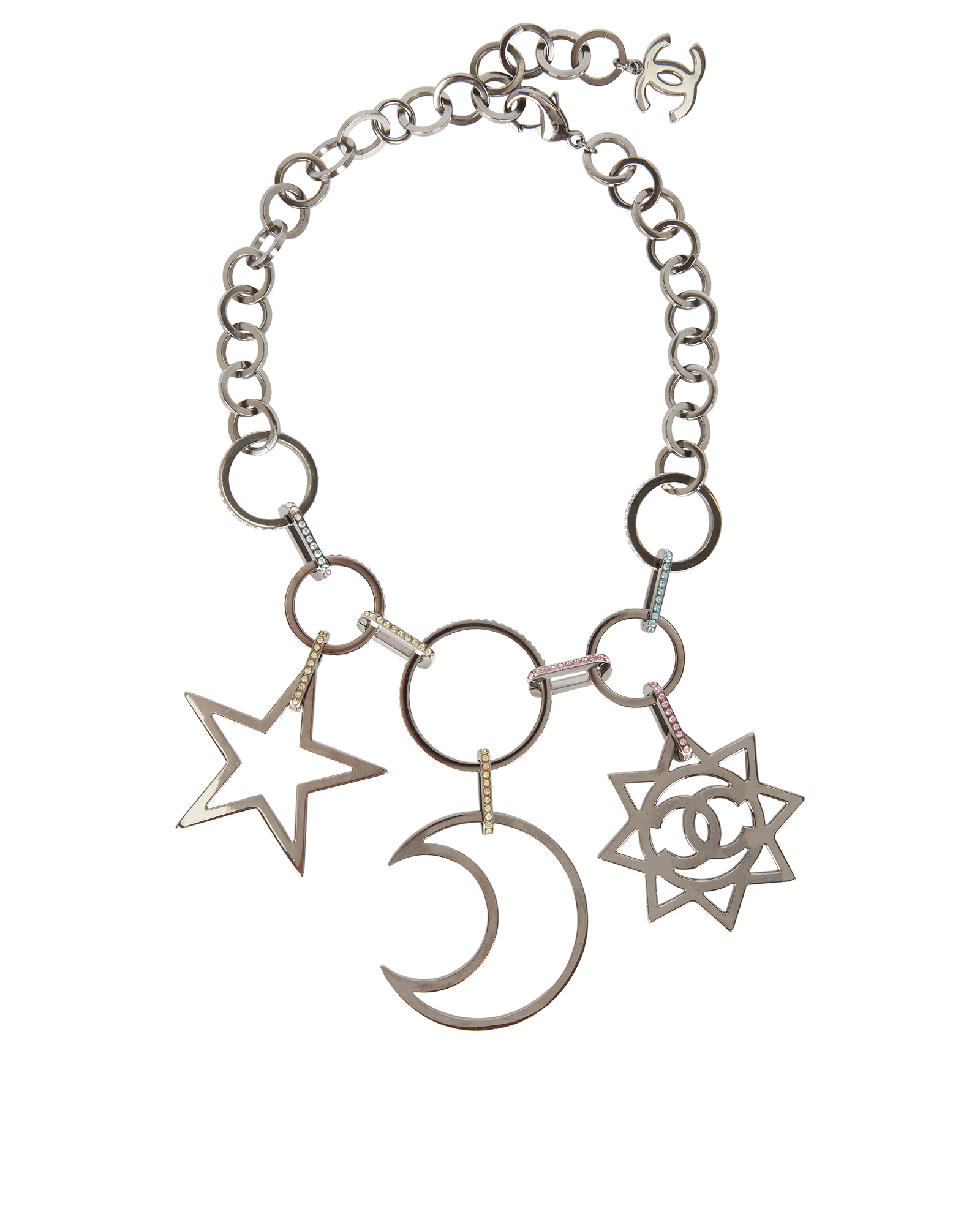 Chanel B17K Crystal CC Sun Moon Star Necklace, &pound;695, Jewellery, Silver, Brass, Back view