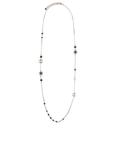 Chanel C19 P Long Necklace, &pound;750, Jewellery, Black/Gold/White, Brass/Crystal/Faux Pearl, Front view