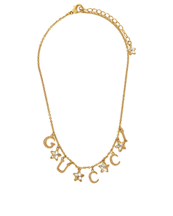 Gucci Embellished Logo & Star Necklace, Brass/Crystal, Gold, MII, DB, 3*
