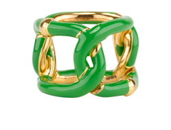 Bottega Veneta Chain Ring, Sterling Silver, Green/Gold, Sz M, B/DB, 3*