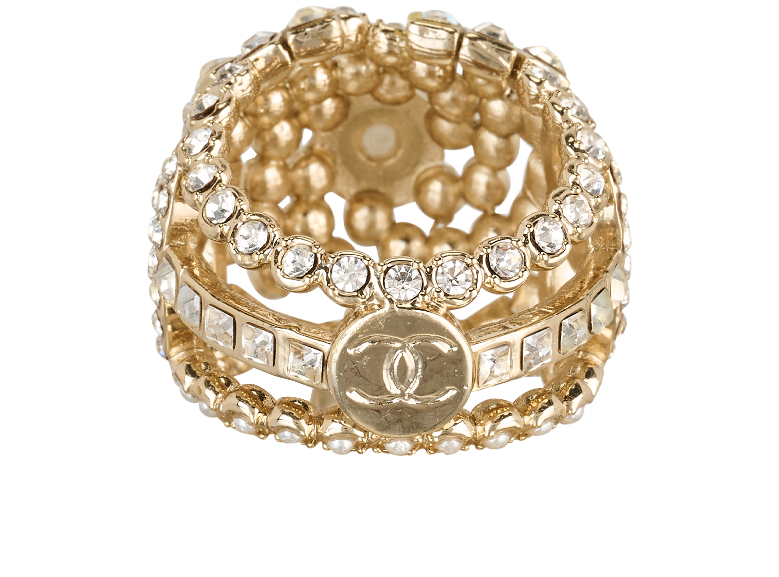 Chanel C19B Camellia Crystal Pearl Ring, &pound;550, Jewellery, Gold, Brass/Crystal/Faux Pearl, Back view