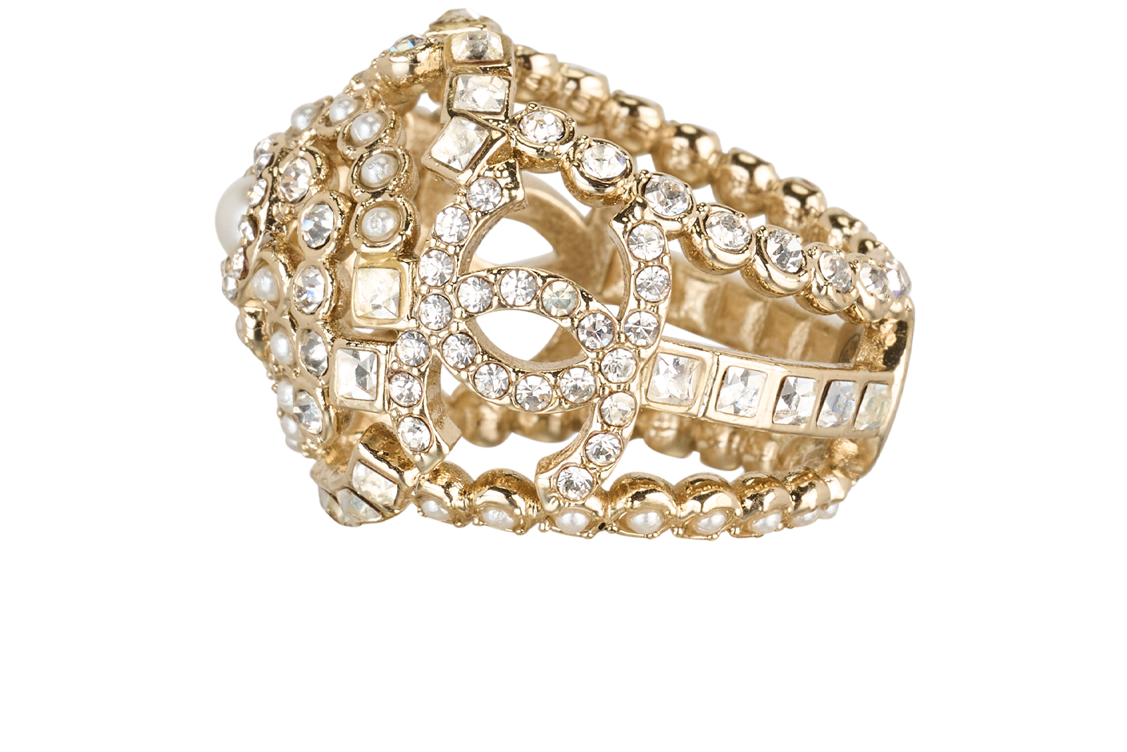 Chanel C19B Camellia Crystal Pearl Ring, &pound;550, Jewellery, Gold, Brass/Crystal/Faux Pearl, Bottom view