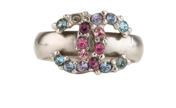 Chanel 16B Embellished CC Ring, Brass, Silver, Sz O, 1*