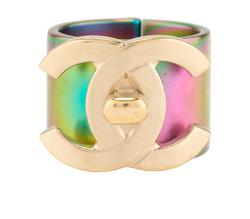 Chanel B18C CC Iridescent Wide Ring, Brass, Multi, Sz N, 2*