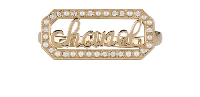 Chanel L23B Two-Finger Logo Ring, &pound;495, Jewellery, Gold, Crystal/Faux Pearl, Front view