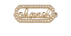 Chanel L23B Two-Finger Logo Ring,Brass/Faux Pearl/Crystal,Gold,Sz N-O,3*