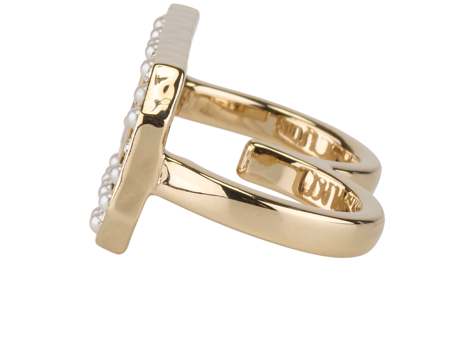 Chanel L23B Two-Finger Logo Ring, &pound;495, Jewellery, Gold, Crystal/Faux Pearl, Bottom view