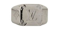 Louis Vuitton Monogram Signet Ring, Brass, Silver, Sz 60, DB, 2*