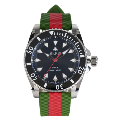 Gucci Web Dive Watch, &pound;650, Jewellery, Green/Red/Silver, Stainless Steel, Front view
