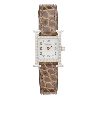 Hermes Mini Heure H Watch, &pound;3,500, Jewellery, Brown, Alligator/Stainless Steel, Front view