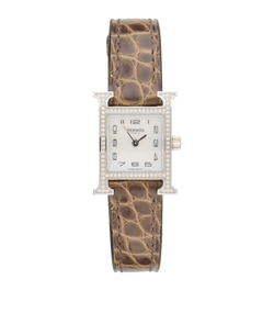 Hermes Mini Heure H Watch, Alligator/Diamonds, Brown, W (2024), Cert/B, 3*