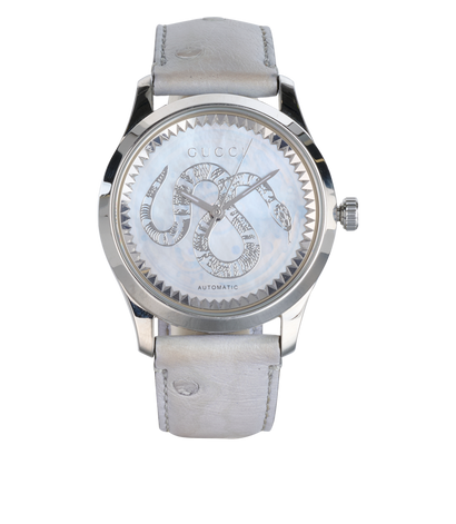 Gucci Kingsnake G-Timeless Automatic Watch, &pound;295, Jewellery, Light Blue, Ostrich, Front view