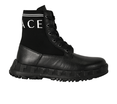 Versace Logo Knitted Boots, £180, Shoes, Black, Leather, Front view