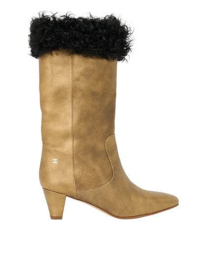 Chanel Shearling Trim Mid Boots, &pound;520, Shoes, Gold, Leather, Front view