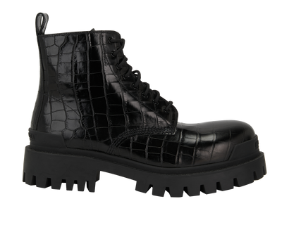 Balenciaga Embossed Strike Lace Up Boots, &pound;295, Shoes, Black, Leather, Front view