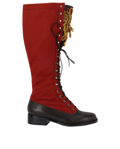Chanel Embroidered High Boots, £650, Shoes, Brown/Gold/Red, Leather, Front view