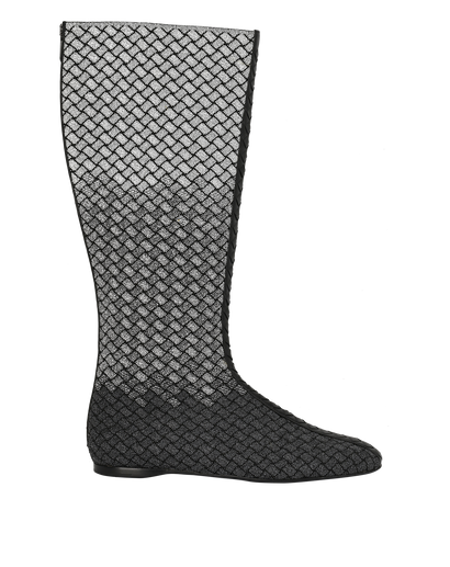 Bottega Veneta Intrecciato Knee High Boots, £250, Shoes, Black/Silver, Fabric, Front view