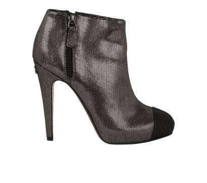Chanel Metallic Effect Ankle Boots, £550, Shoes, Grey, Fabric, Front view
