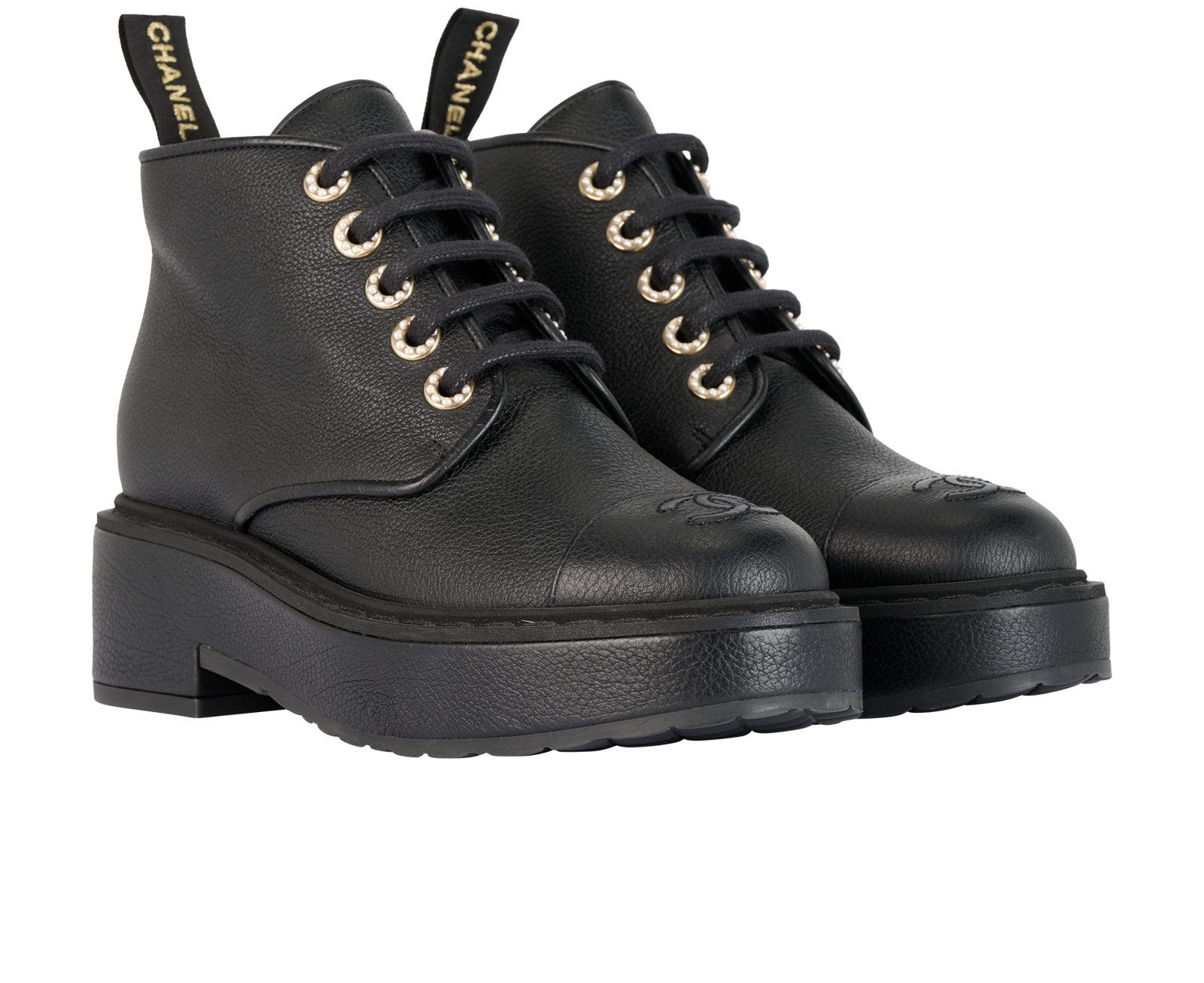 Chanel CC Lace Up Boots, &pound;550, Shoes, Black, Leather, Side view