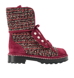 Chanel 2018K Tweed Lace-Up Combat Boots,Suede/Fabric,Burgundy,UK3, DB, 3*