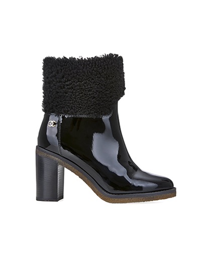 Chanel Fur Cuff Patent Ankle Boots, front view