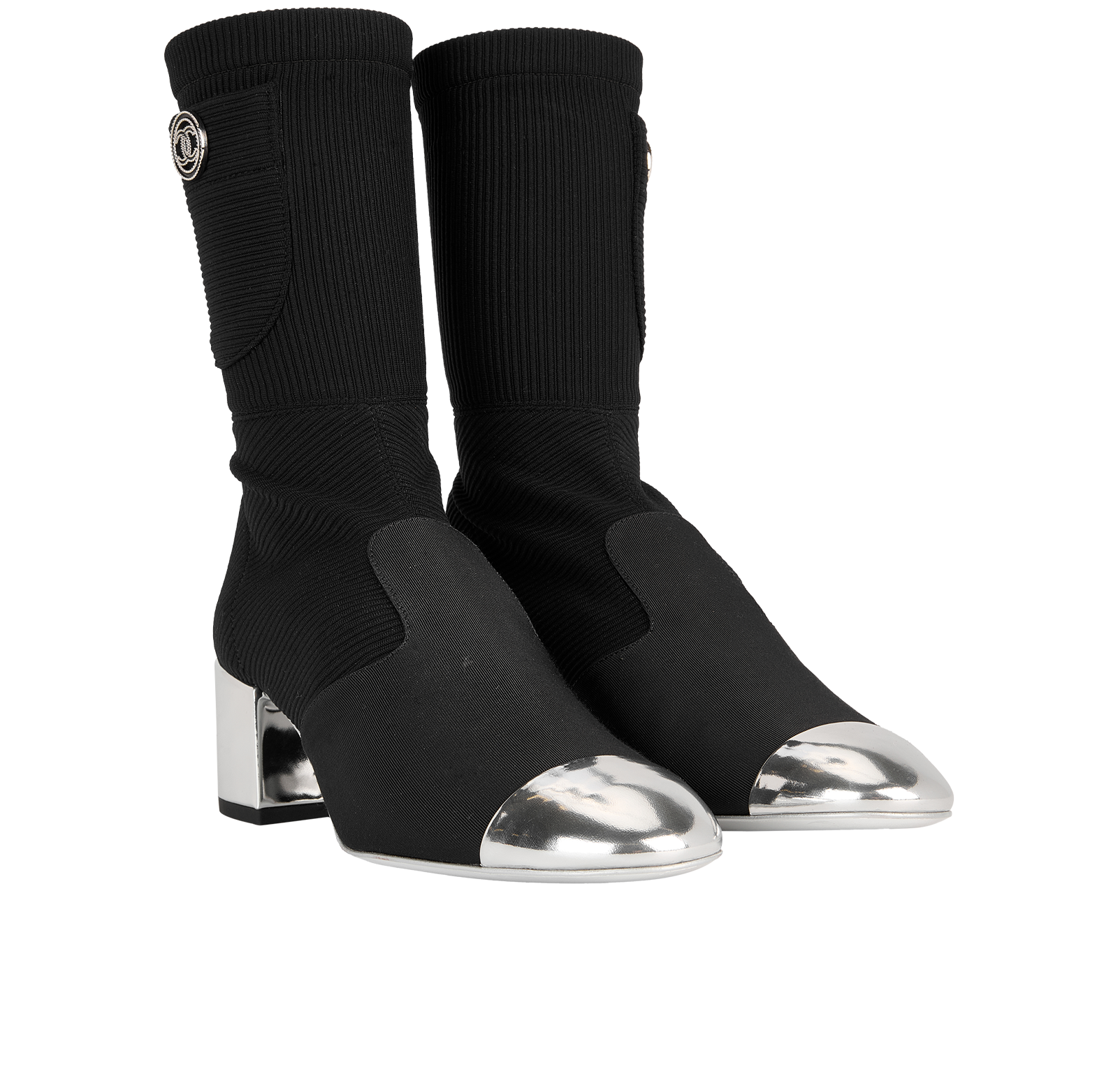 Chanel Pocket Ankle Boots, &pound;550, Shoes, Black/Silver, Fabric, Side view