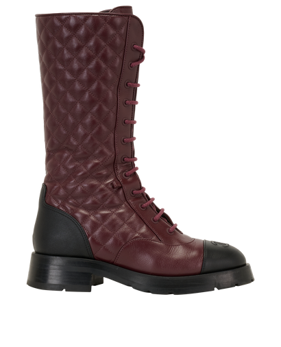 Chanel Logo Lace Up Boots, &pound;550, Shoes, Black/Burgundy, Leather, Front view