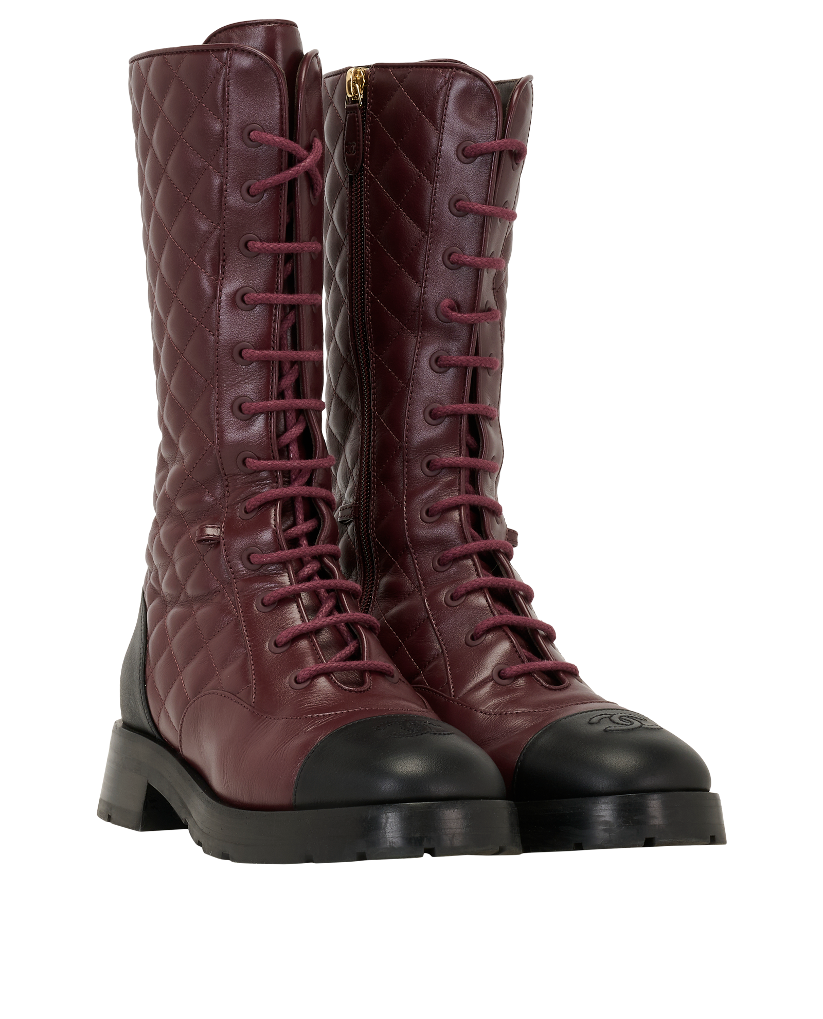 Chanel Logo Lace Up Boots, &pound;550, Shoes, Black/Burgundy, Leather, Side view