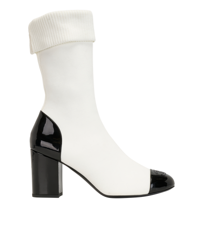 Chanel Sock Ankle Boots, &pound;850, Shoes, Black/White, Fabric/Patent Leather, Front view