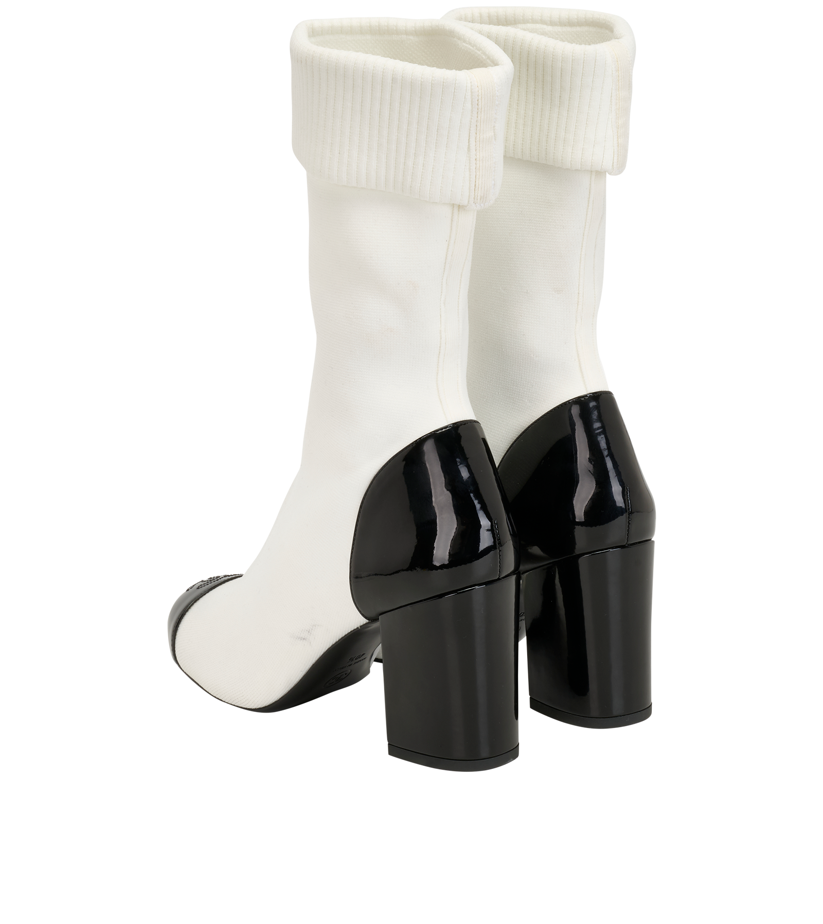 Chanel Sock Ankle Boots, &pound;850, Shoes, Black/White, Fabric/Patent Leather, Back view