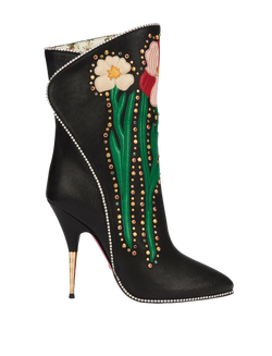 Gucci 2017 Floral Fosca Studded Boots, leather, black/floral, 4, DB, 2*