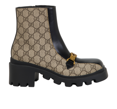 Gucci GG Buckle Boots, &pound;450, Shoes, Beige/Black, Canvas, Front view